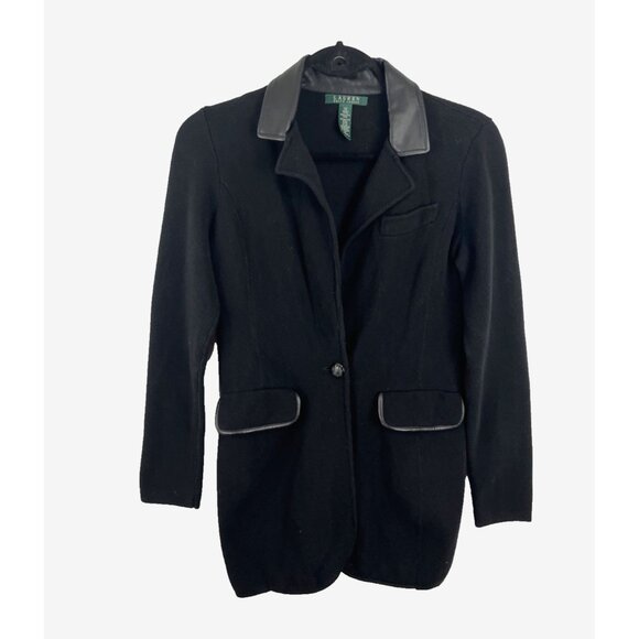 Lauren Ralph Lauren Black Sweater Blazer w/ Faux Leather Trim Womens Size XS - Picture 1 of 9